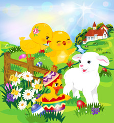 Obraz na płótnie Canvas Easter egg hunt Two cute chicks, a lamb and a duck,