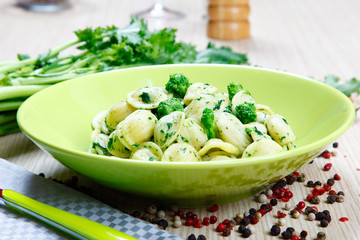 orecchiette pasta with broccoli rabe, turnip tops
