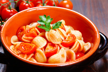 orecchiette pasta with tomato sauce.