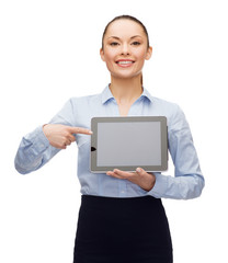 businesswoman with blank black tablet pc screen
