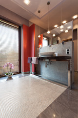 Countertop and mirror in bathroom