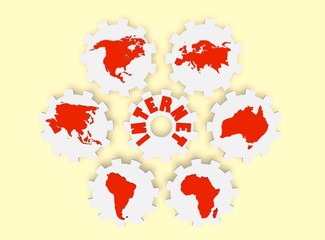 continent silhouettes on gears