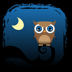 A brown owl sits in a tree with the moon in the background.