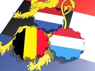 benelux countries flags on gears - obrazy, fototapety, plakaty