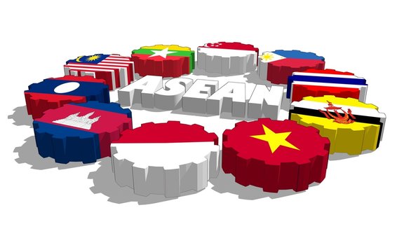 Asean Countries Flags On Gears