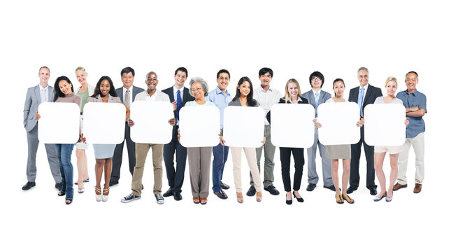 Multi-Ethnic Group Of People Holding 8 Blank Boxes