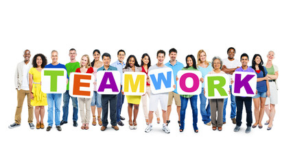 Obraz premium Large Group of World People Holding Word Teamwork