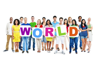 Group of Multiethnic People Holding "WORLD"