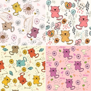 babies hand draw seamless pattern with cats
