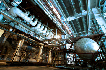 Industrial zone, Steel pipelines and cables in blue tones