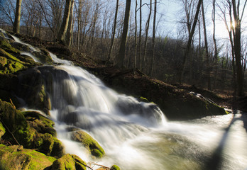 Mountain stream and waterfalls in the forest in spring