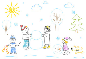 Happy family sculpts snowman