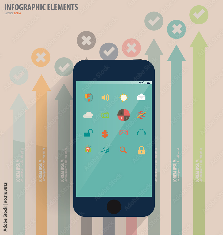 Poster touchscreen device with application icon and graph. vector illus