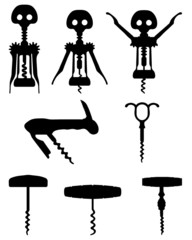 Black silhouette of different corkscrew, vector - obrazy, fototapety, plakaty