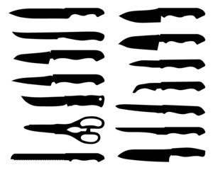 Set of black silhouettes of knives, vector