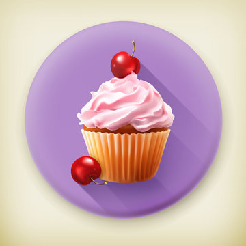 Cherry cupcake long shadow vector icon