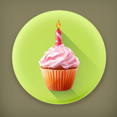 Festive cupcake with candle, long shadow vector icon
