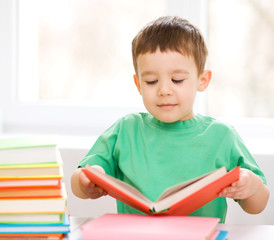 Little boy is reading a book