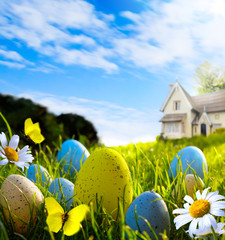 art easter eggs on spring field