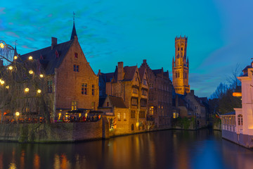 Bruges Brugge, Belfort from Rozenhoedkaai in Blue Hour