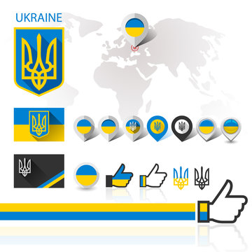 Flag, emblem Ukraine and World map