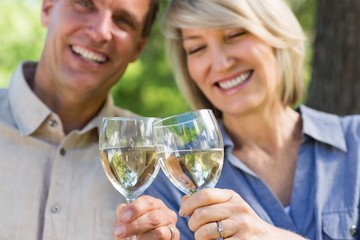 Smiling couple toasting wine glasses