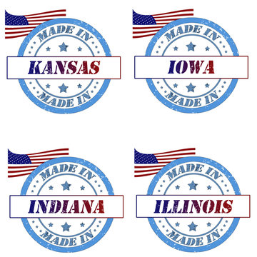 Set of stamps with made in kansas,iowa,indiana,illinois