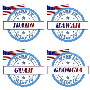 Set of stamps made in idaho,hawaii,guam,georgia