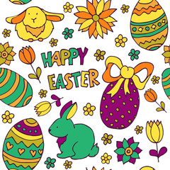 Easter vector pattern with rabbits, eggs, flowers