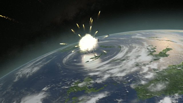 Asteroid hitting Earth exploding and dislocating clouds