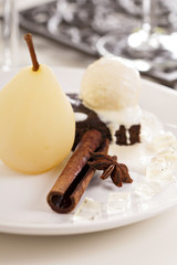 Dessert with poached pears