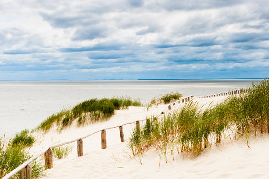 Fence on dune at seaside with stormy clouds visible.