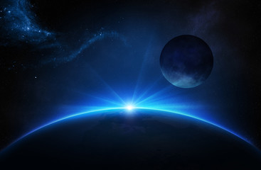 Obraz na płótnie Canvas Fantasy Earth and Moon with sunrise