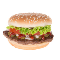 delicious hamburger over white