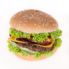 delicious hamburger over white