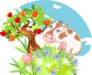 Obraz na płótnie Canvas Cute cow with a flower and apple tree