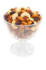 Mixed nuts and dry fruits in glass bowl