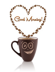 Coffee mug with coffee beans shaped heart with good morning sign