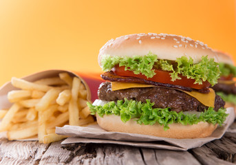 delicious hamburger on wood