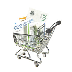 Shopping cart filled with danish bills