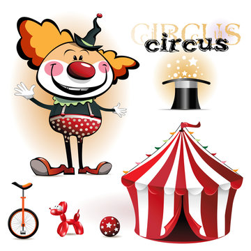 Illustration of a circus tent, clowns