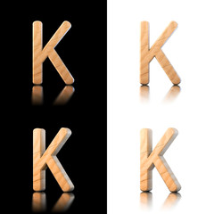 Three dimensional wooden letter K. Isolated on white and black.