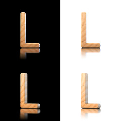 Three dimensional wooden letter L. Isolated on white and black.