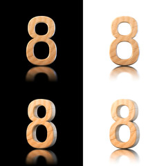 Three dimensional wooden number 8. Isolated on white and black.