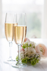 champagne and a beautiful bouquet