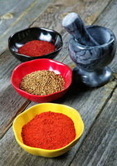 Mortar and plates with spices on an old table