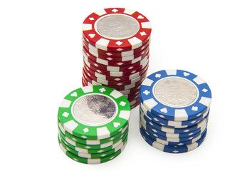 Poker chips stack isolated on white background