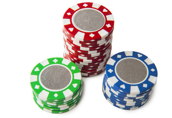 Poker chips stack isolated on white background