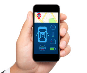 isolated man hand holding the phone with car alarm interface on