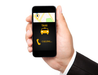 man hand holding the phone with interface taxi